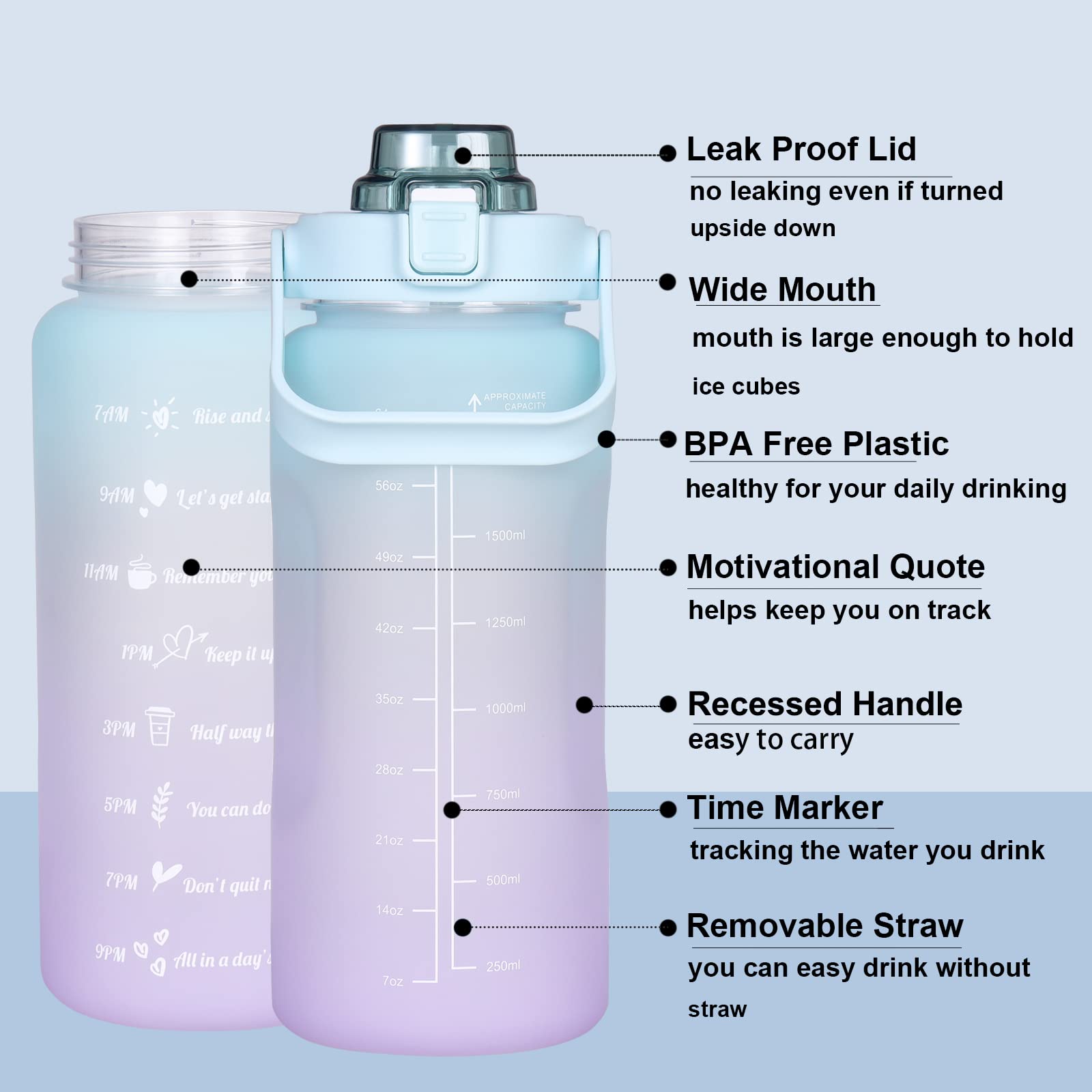 RYI Large Half Gallon 64 OZ Motivational Water Bottle with Straw Time Marker BPA Free for Sport and Fitness Blue Purple