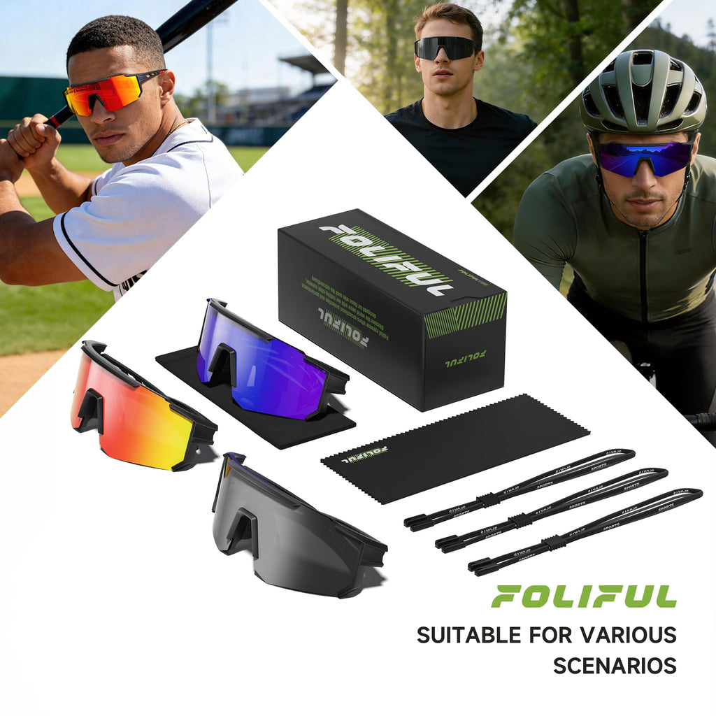 Foliful 3 Pack Polarized Sports Sunglasses Men Women, Running Mens Sunglasses UV Protection for Baseball Cycling Fishing, Ice Blue/Dark Blue/Pink Green