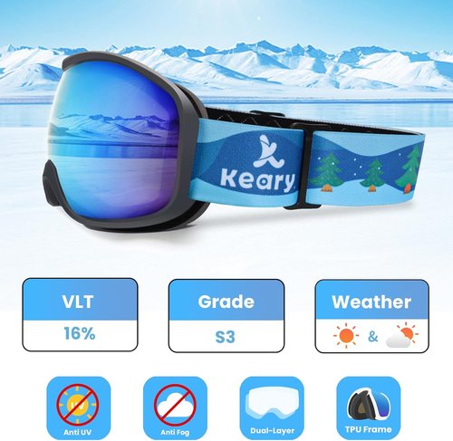Keary Kids Ski Goggles - 100% UV Protection & Anti-Fog | Perfect for Ages 3-14