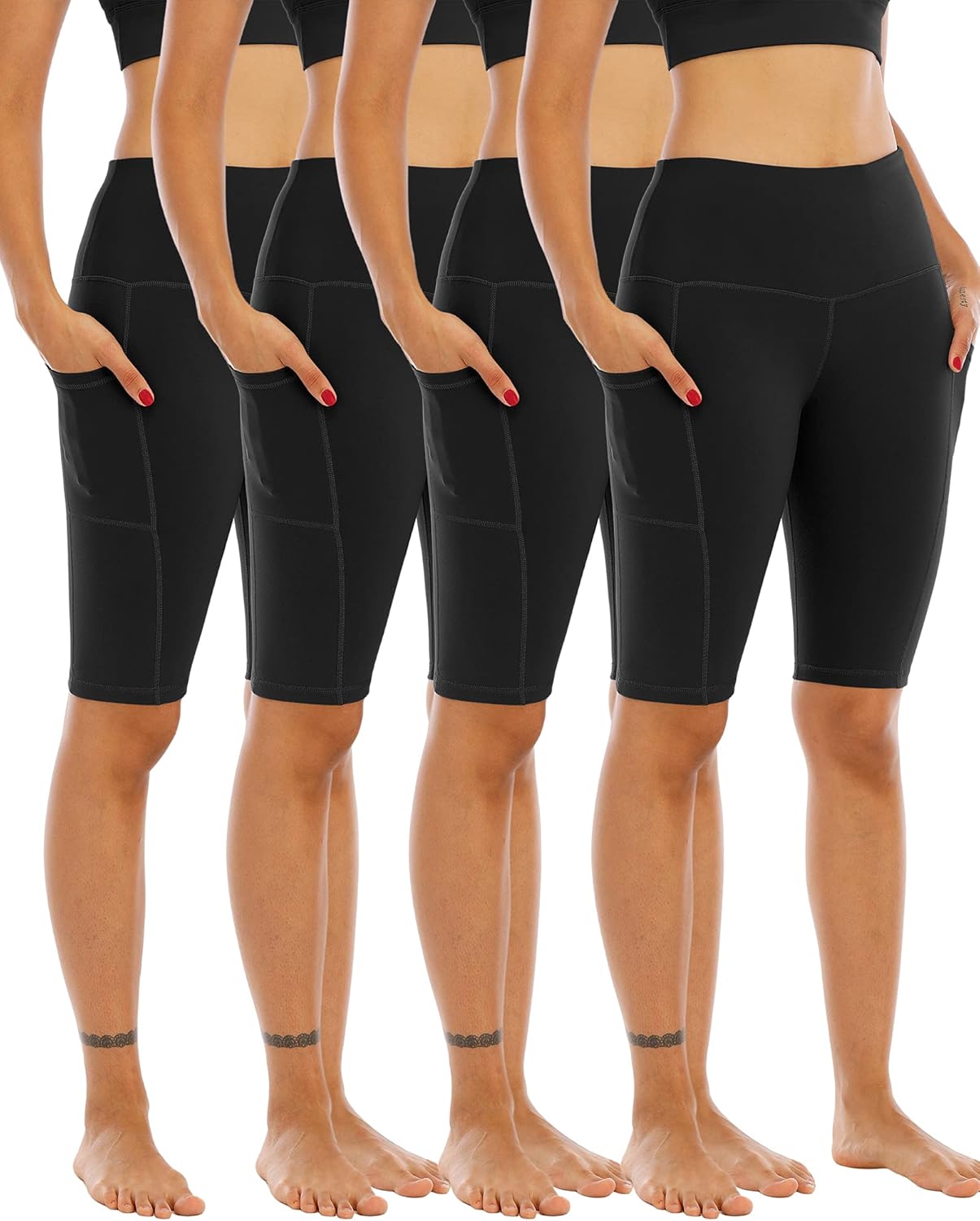 WHOUARE Biker Yoga Shorts - High Waisted with Pockets for Women | 4 Pack Athletic Workout Gear