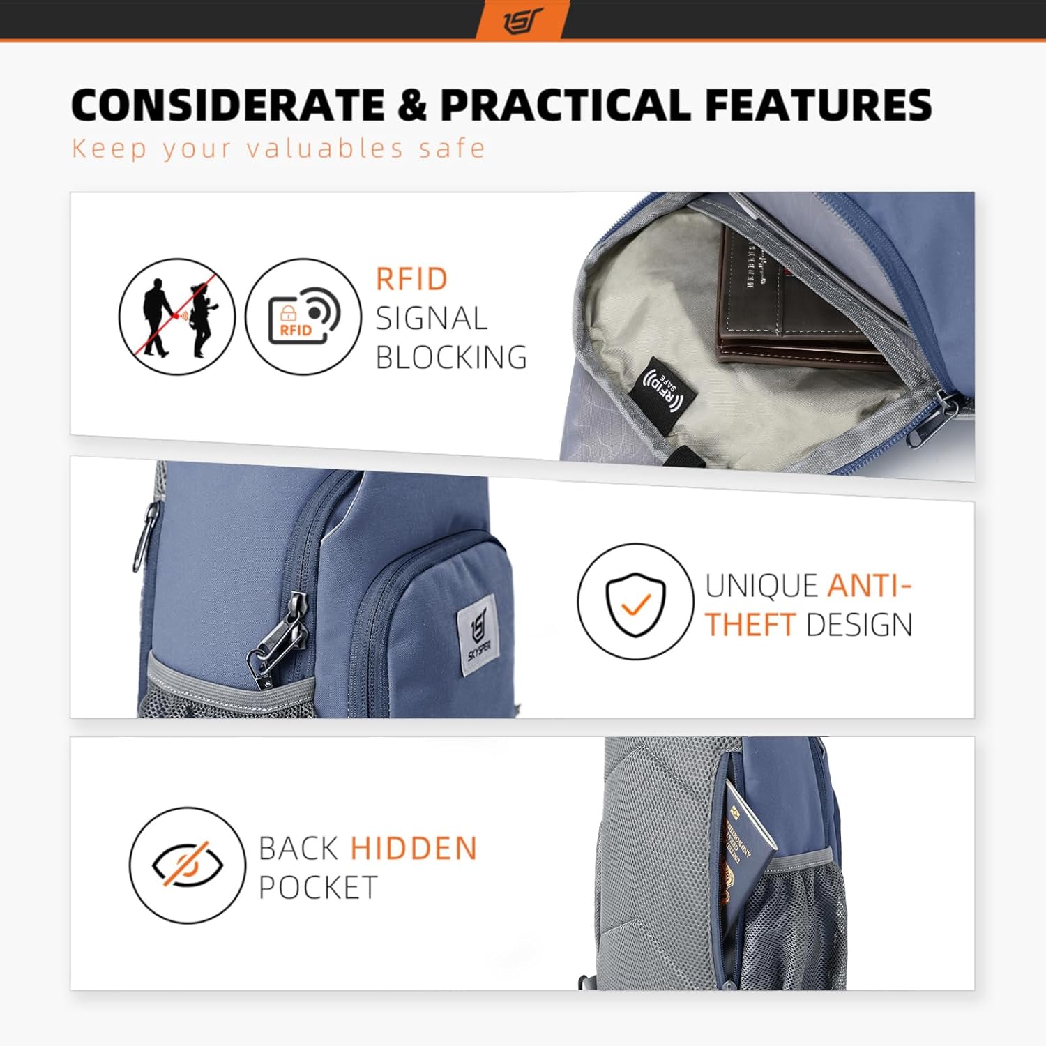 SKYSPER Sling Bag - RFID Crossbody Backpack for Travel & Hiking | Unisex Periwinkle Daypack
