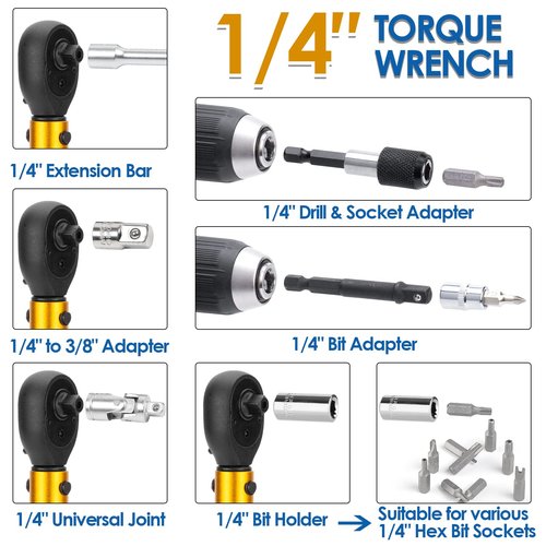 YIYEIE 50Pcs Master Bike Torque Wrench Set, 1/4 Inch Drive, 10-230 IN.LB (1-26.0 Nm), Inch Pound Click Torque Wrench with Bit Sockets, 0.1 Nm Micro, 3/8 Adapter, Pro Bicycle Tool Kit for MTB