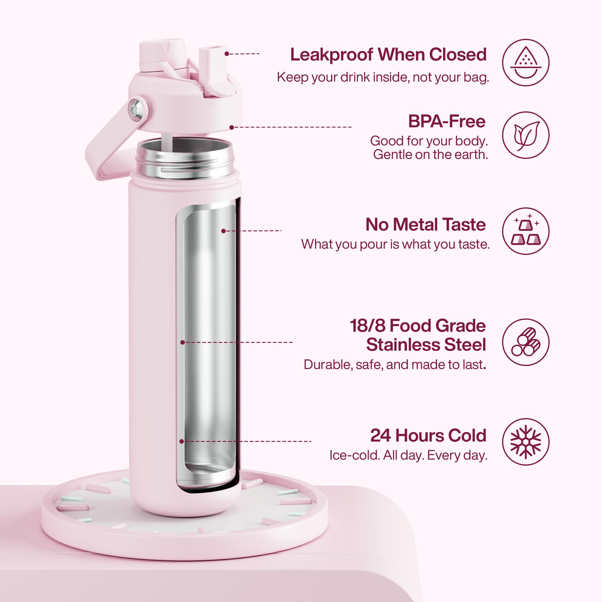 ENCOOL Insulated Water Bottle with Straw Stainless Steel Water Bottle, Leak-Proof, BPA-Free, Double Wall Vacuum Keeps Cold for 24 Hours for Sports, Travel, School (26 oz, Cotton Candy)