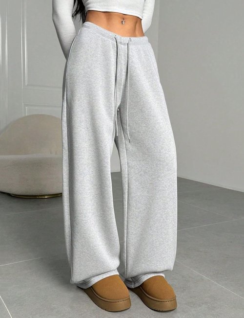 HeSaYep Wide Leg Sweatpants Women Baggy Fleece Lined High Waisted Sweat Pants Drawstring Casual Trousers Straight Leg y2k Pants with Pockets Grey M