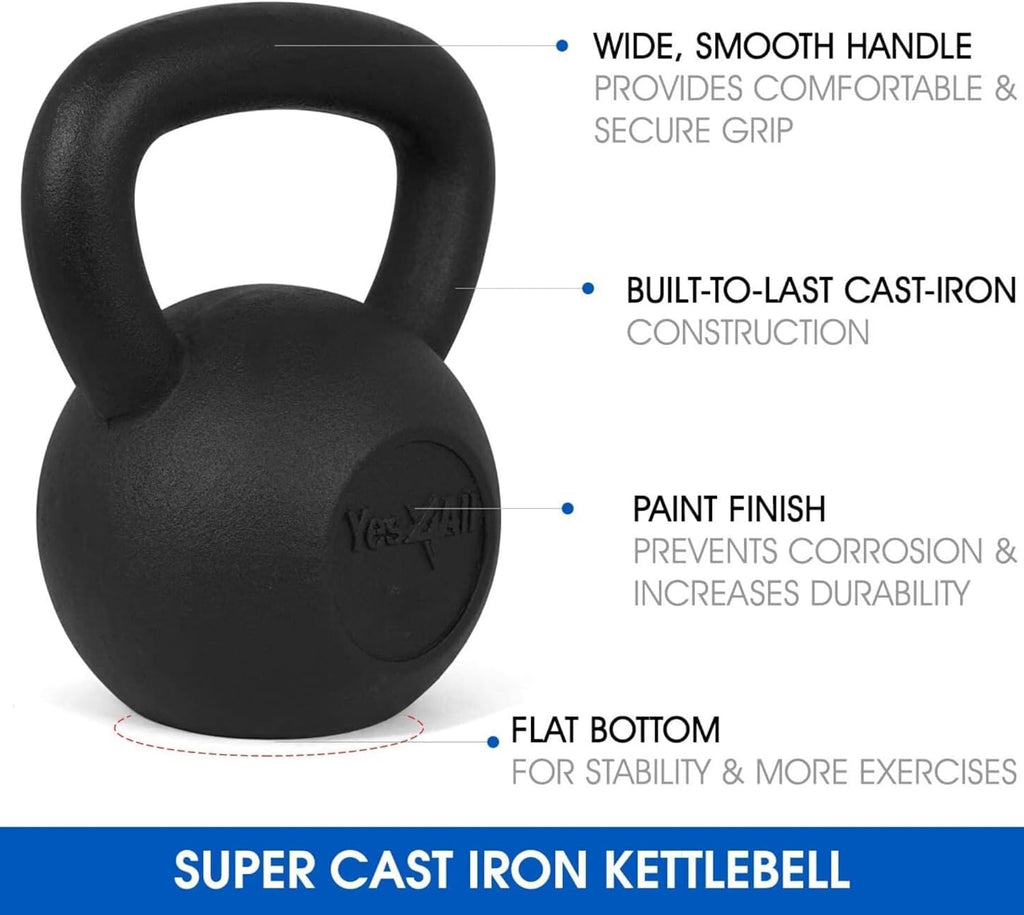 Yes4All Cast Iron Kettlebell Set | Strength Training for Full Body Workout | 5-80 Lbs (Single & Set of 2)