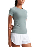 CRZ YOGA Seamless Workout Tops for Women Hip Length - Athletic Running Gym Yoga Short Sleeve Shirts Breathable Crewneck Tees Green Palm Court Small