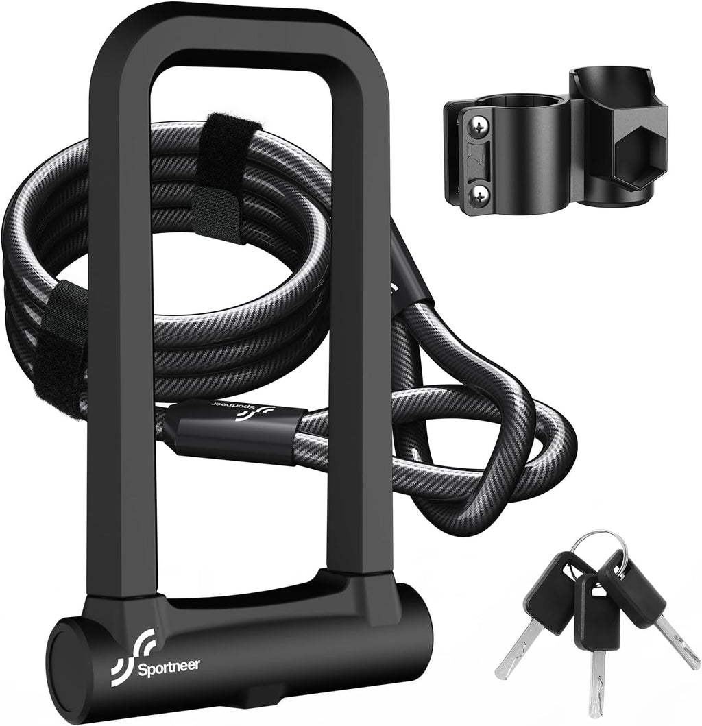 Sportneer Heavy-Duty Bicycle Lock - 18mm Anti-Theft U-Lock with 5ft Steel Cable & 3 Keys | Fits Road & Mountain Bikes, Size 8.58'' x 4.85''
