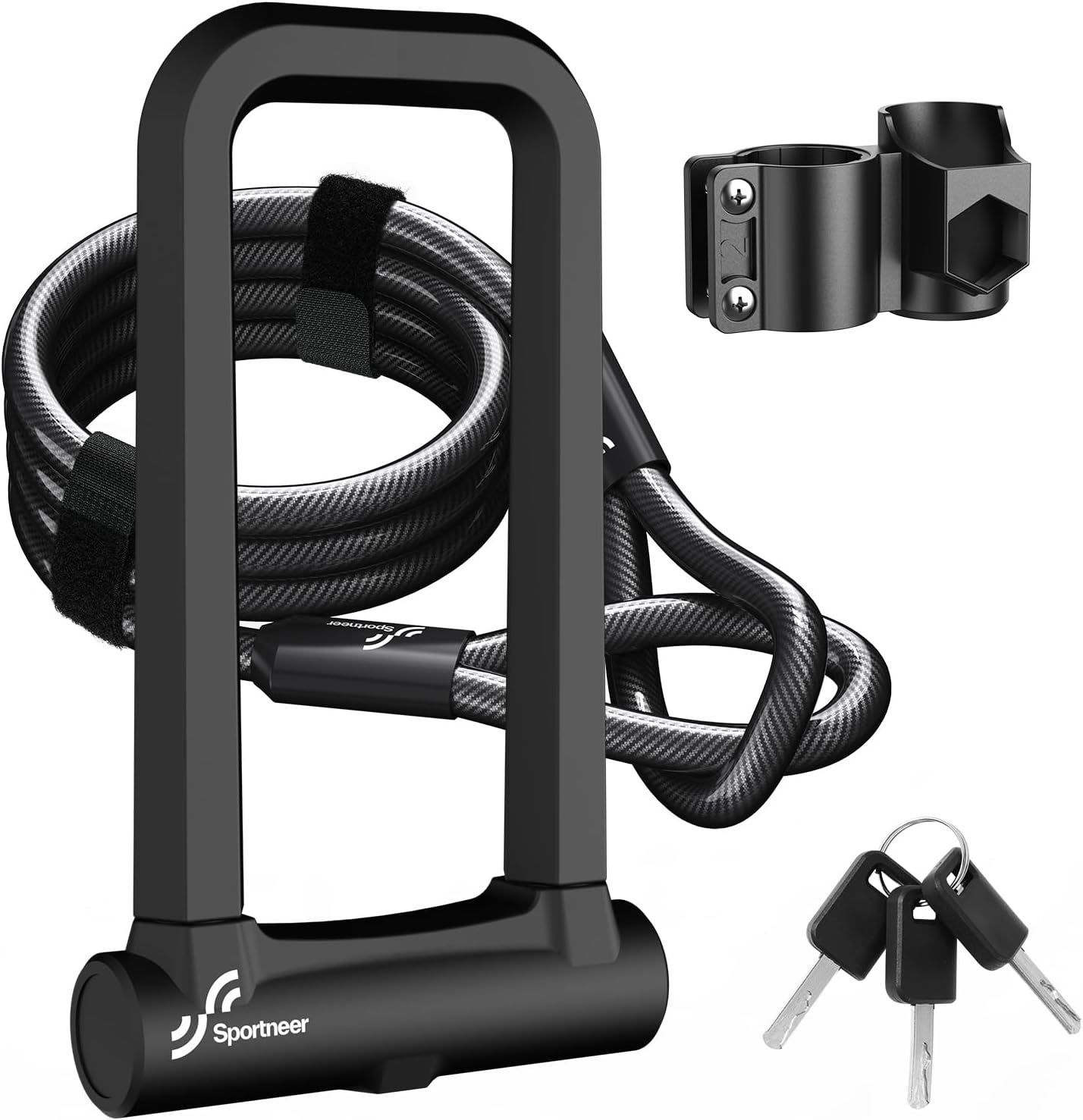 Sportneer Heavy-Duty Bicycle Lock - 18mm Anti-Theft U-Lock with 5ft Steel Cable & 3 Keys | Fits Road & Mountain Bikes, Size 8.58'' x 4.85''