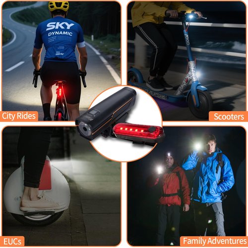KunHe 227 Lumens 1600mAh Bike Light Set Rechargeable Front & Rear Bicycle Lights with IPX4 Waterproof 4 Modes for Night Cycling