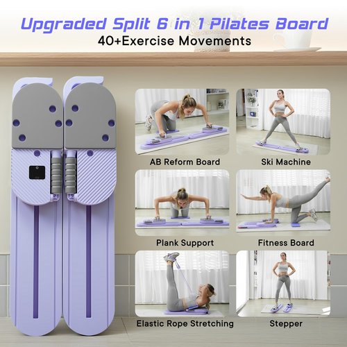 Upgraded Split Pilates Board-Pilates Reformer Set 6 in 1 Multifunctional Abdominal Fitness Board for Home Workout Equipment, Foldable Pilates Portable Reformer Machine, Ab Board Trainer for Women