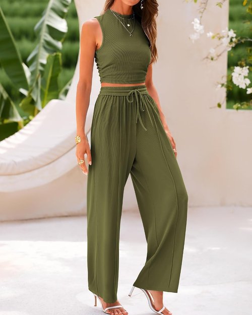BTFBM Summer Outfits for Women - Cropped Sleeveless Tank & Wide Leg Pants Set | Beach Lounge Style