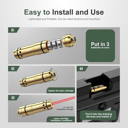 380ACP Laser Training Cartridge - Dry Fire Practice System with 3 Batteries & Rubber Snap Caps