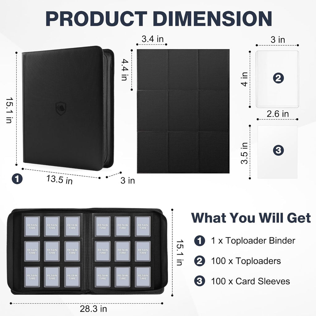 Skiennix Toploader Binder - Holds 360 Cards | Includes 100 Toploaders - 9-Pocket PU Cover for TCG & Sports Cards