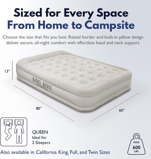 King Koil Luxury Queen Size Air Mattress - Built-In High-Speed Pump, Waterproof, Ideal for Home & Camping