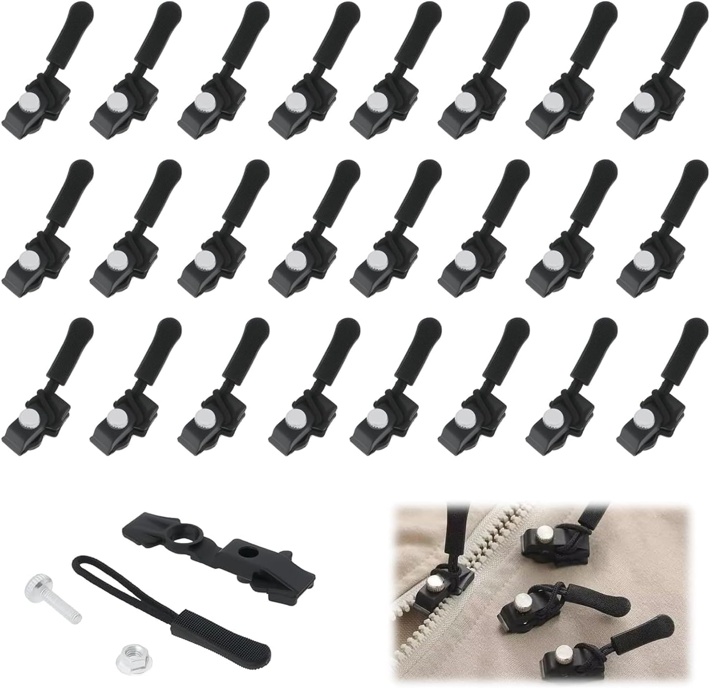Universal Zipper Repair Kit - Quick Install Detachable Zip Heads for Nylon & Metal Zippers | 3 Sizes