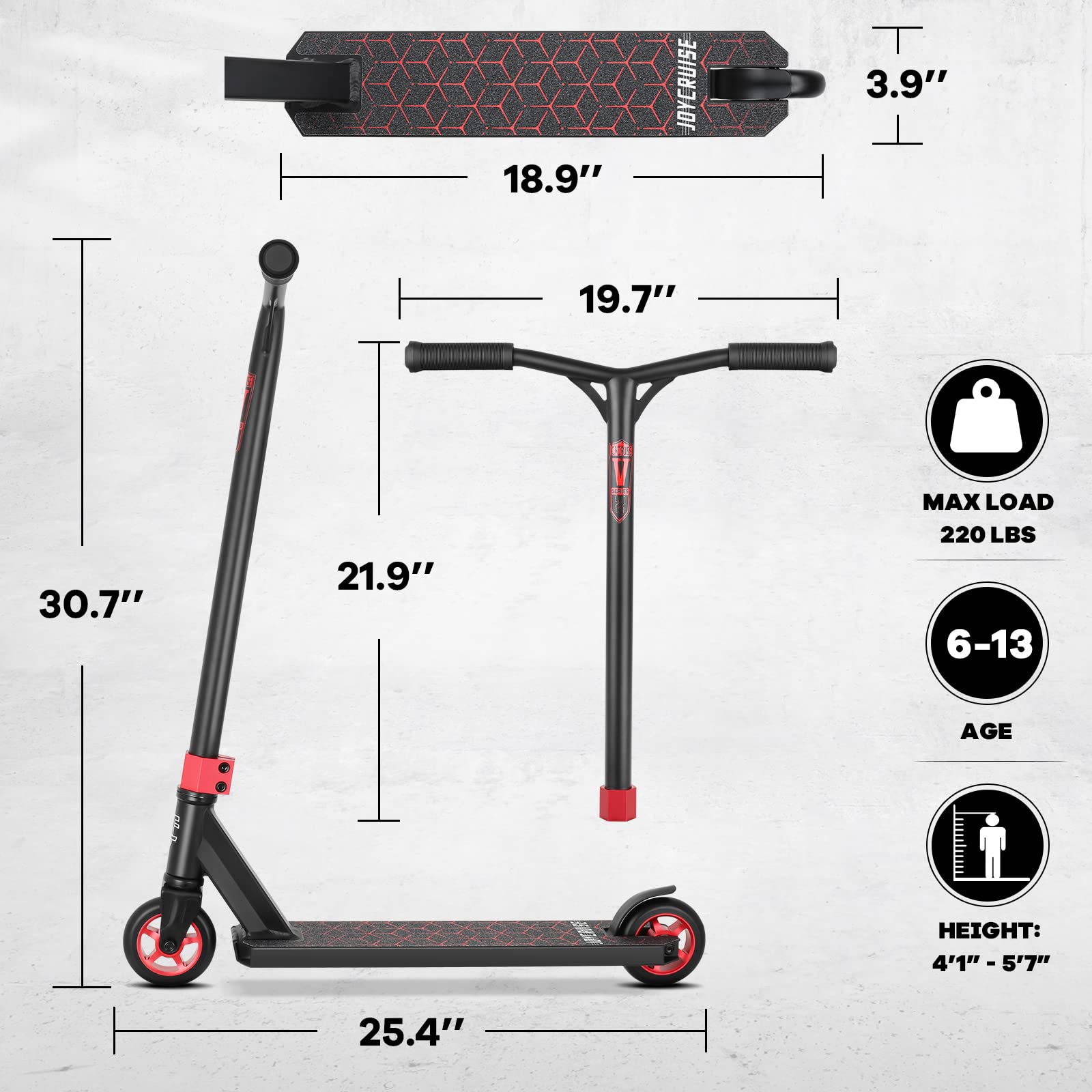 V2 Pro Trick Scooters, Stunt Scooter for Kids Ages 6-12 Years and Teens - Complete Beginner and Intermediate Freestyle BMX Scooter (Red)