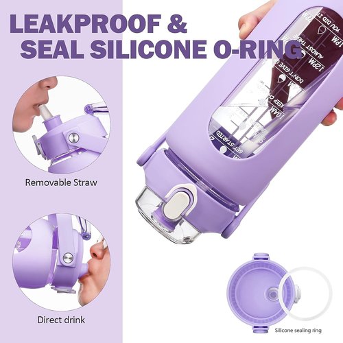 kytffu 42oz Glass Water Bottles with Straw, Motivational Glass Bottle with Silicone Sleeve and Time Marker, Leakproof Large Glass Water Jug for Gym Home Office,Purple