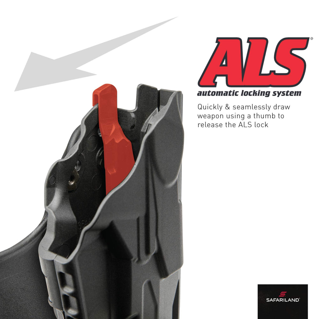 Safariland 6390 ALS Mid-Ride Duty Rated Level I Retention Holster, Fits Glock 19/23, STX Tactical Black, Left Hand