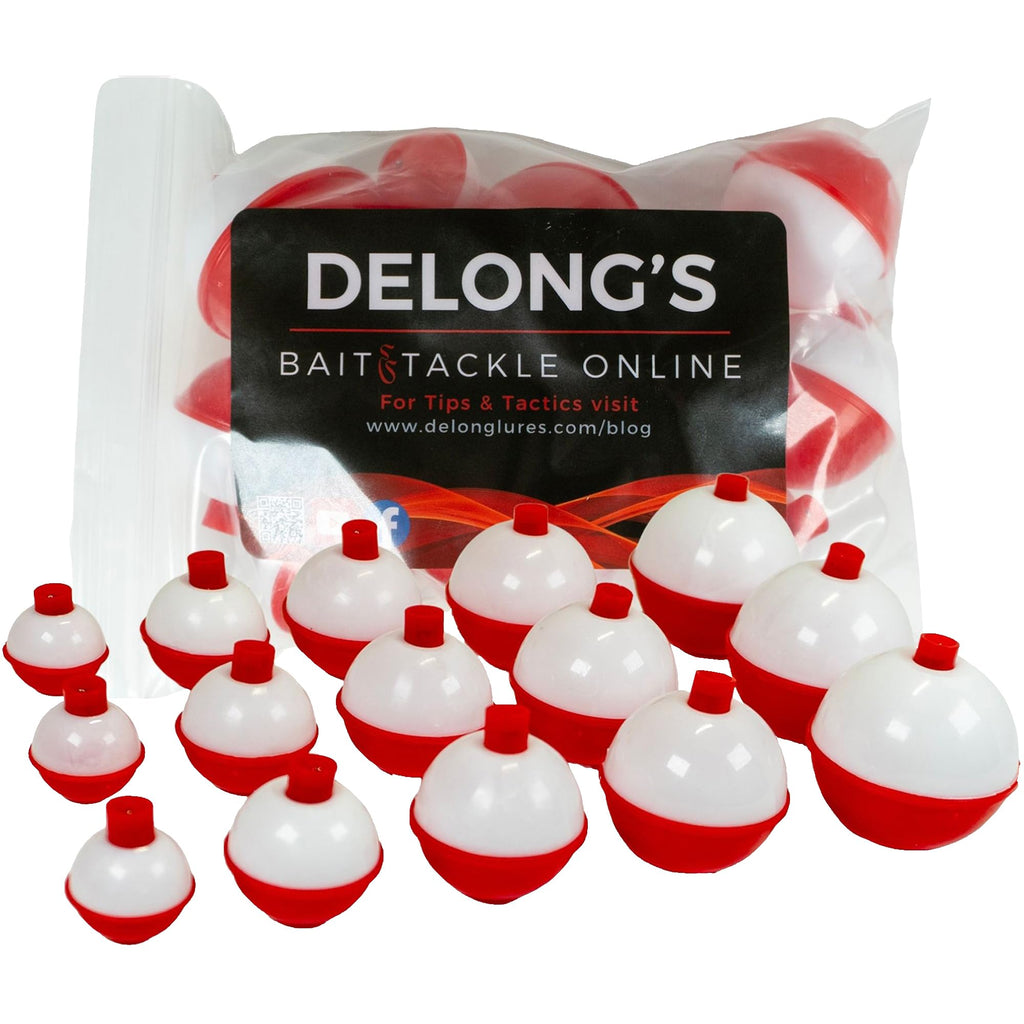 DeLong Lures Red and White Snap-On Fishing Bobbers – 15 Pack, 5 Sizes for Panfish, Bass, Trout, and Kids