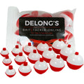 DeLong Lures Red and White Snap-On Fishing Bobbers – 15 Pack, 5 Sizes for Panfish, Bass, Trout, and Kids
