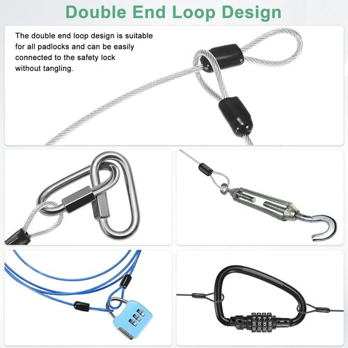 M METERXITY 5-Pack Security Cable Lock, 2FT 3mm PVC Coated Stainless Steel Luggage Lock Wire Rope with Double Loop for Travel/Gate/Bike, Cut-Resistant Braided Steel Cable [Black]