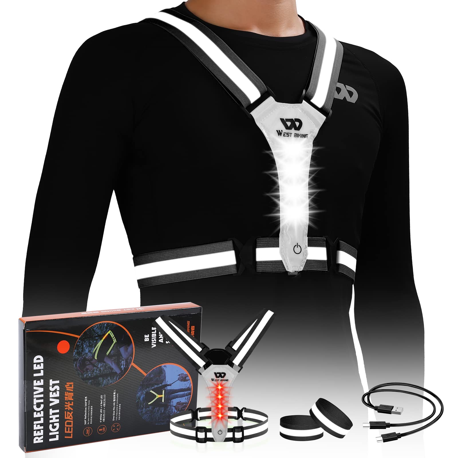 West Biking Running Vest Light - Led Running Reflective Gear For Walking At Night, High Visibility Night Rechargeable Light Up Running Vest, Adjustable Running Lights For Runners (Black)