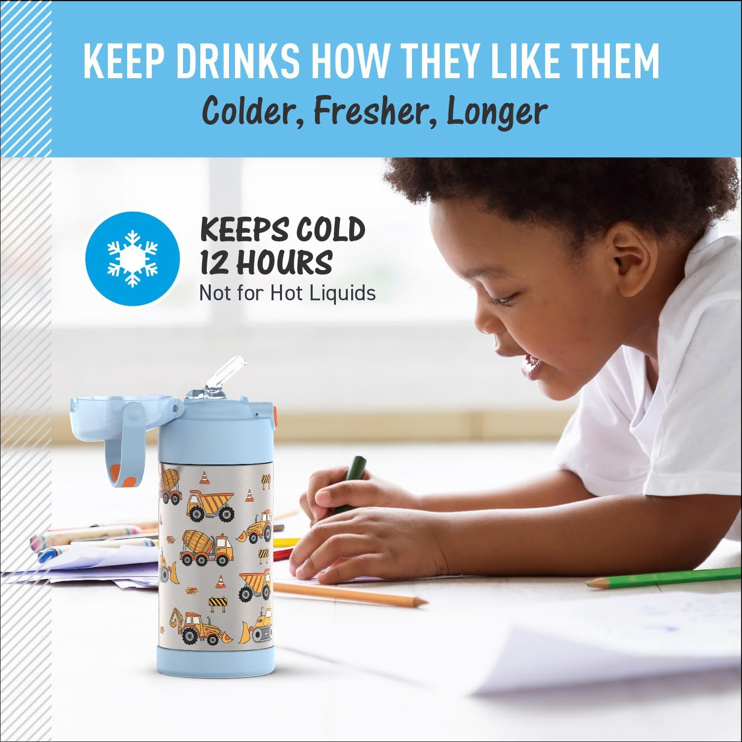 THERMOS FUNTAINER Water Bottle - 12 Ounce Stainless Steel Vacuum Insulated with Straw | Kids Construction Design