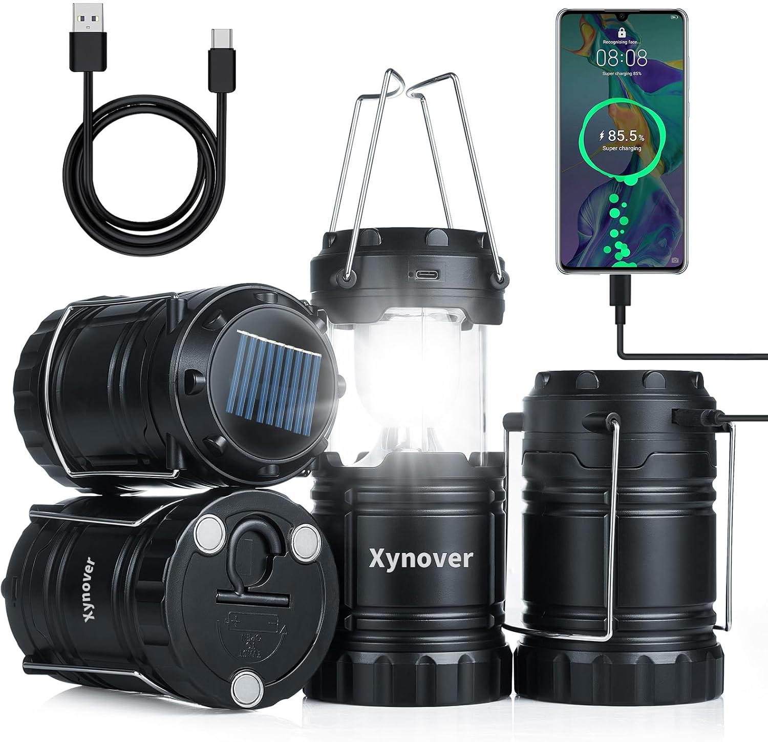 Skiennix 4-Pack Solar Camping Lanterns - Rechargeable LED with USB & Magnetic Base | Waterproof & Collapsible for Emergencies, Hiking, and Power Outages