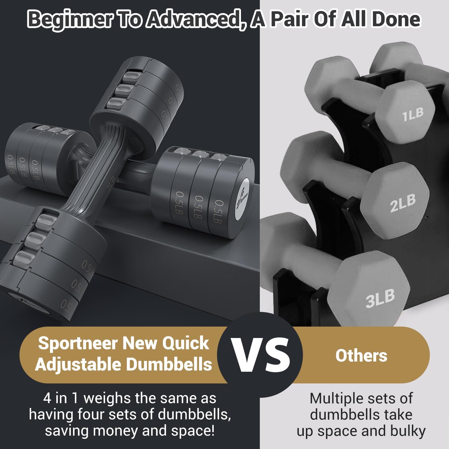 Sportneer Adjustable Dumbbells Hand Weights Set: 5 lb Dumbbell Set of 2 Each 2lb 3lb 4lb 5lb Free Weights Fast Adjust Weight 4 In 1 Weights Dumbbells Set for Women Men Home Gym Exercise Training