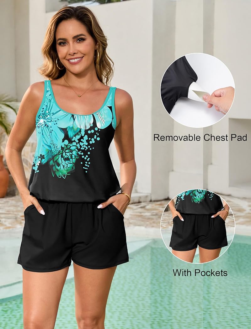 Arolina Plus Size Swim Romper One-Piece with Pockets Blue Floral