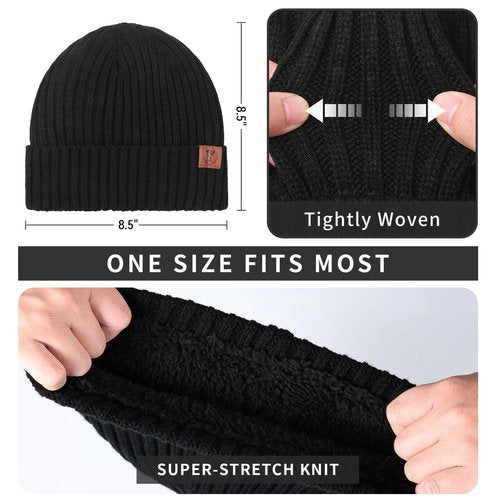 Braventure Winter Gloves Beanie Hat Set: Men Women Warm Thermal Fleece Windproof Touchscreen Gloves & Knit Skull Cap Set for Commuting Driving Shoveling Shopping Hiking Extreme Cold Weather Black