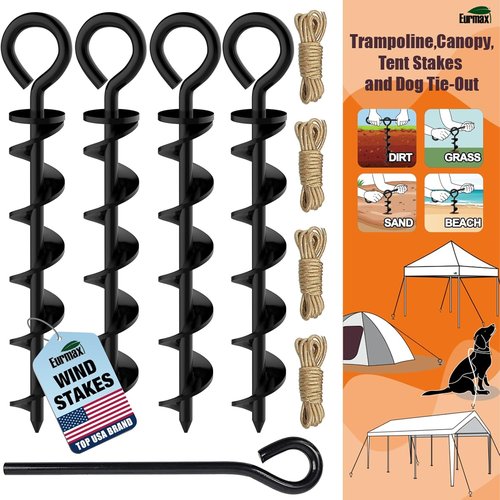 Eurmax USA Canopy Tent Stakes - Durable Corkscrew Steel Design with Installation Tool & 4 Wind Ropes | Set of 4 (Black)