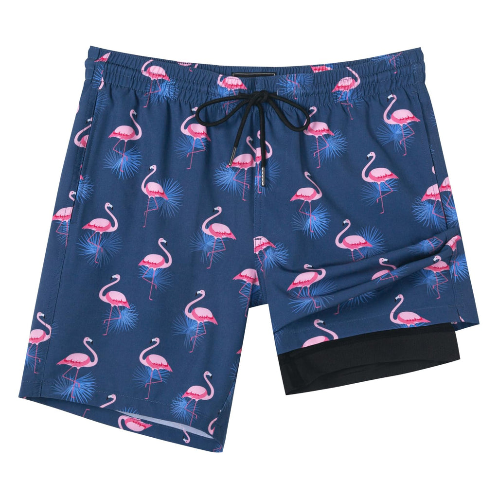 SURF CUZ Mens Swim Trunks with Compression Liner Quick Dry Swim Shorts 7" Swimming Trunks Stretch Zipper Pockets,Sunny Flamingos,L