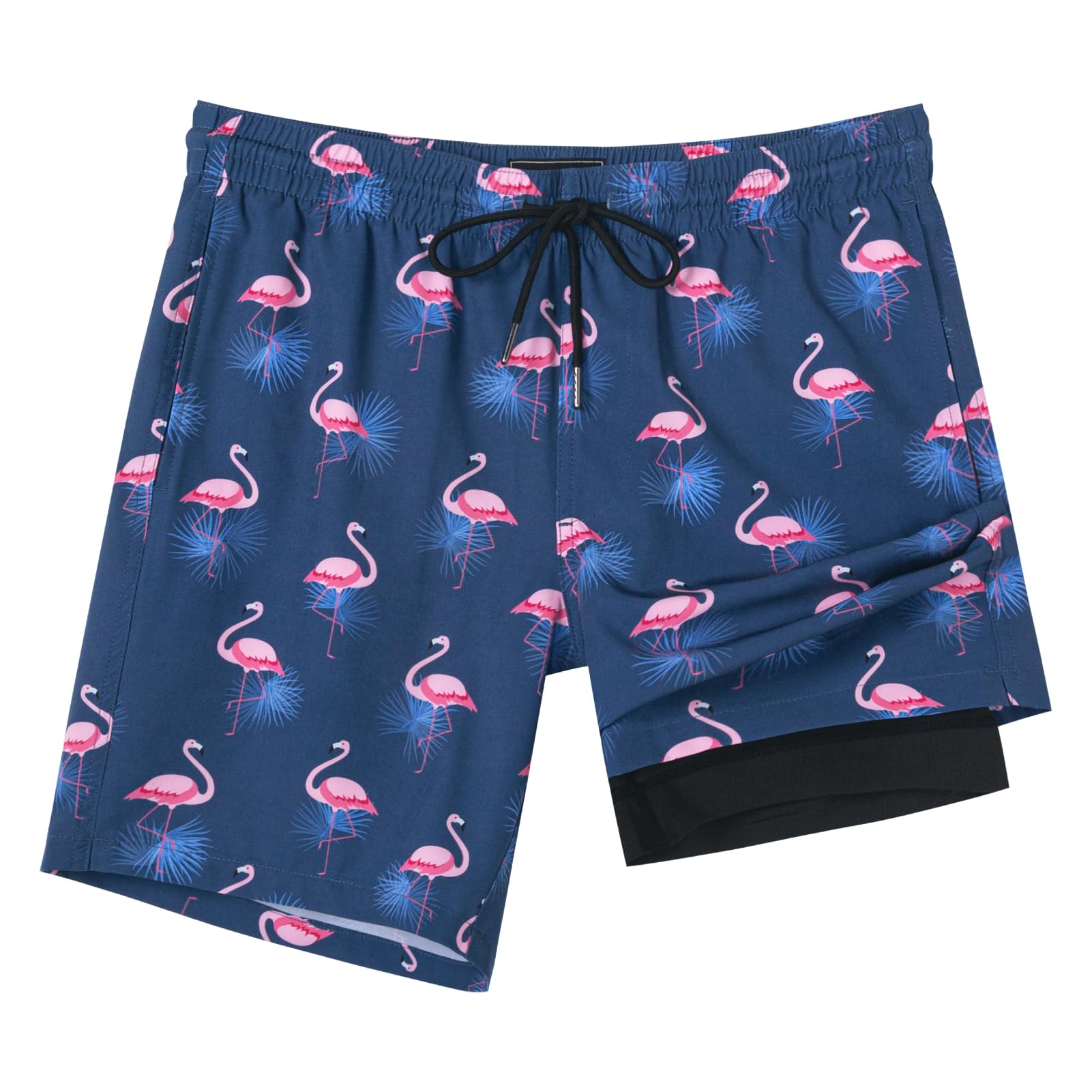 SURF CUZ Mens Swim Trunks with Compression Liner Quick Dry Swim Shorts 7" Swimming Trunks Stretch Zipper Pockets,Sunny Flamingos,L
