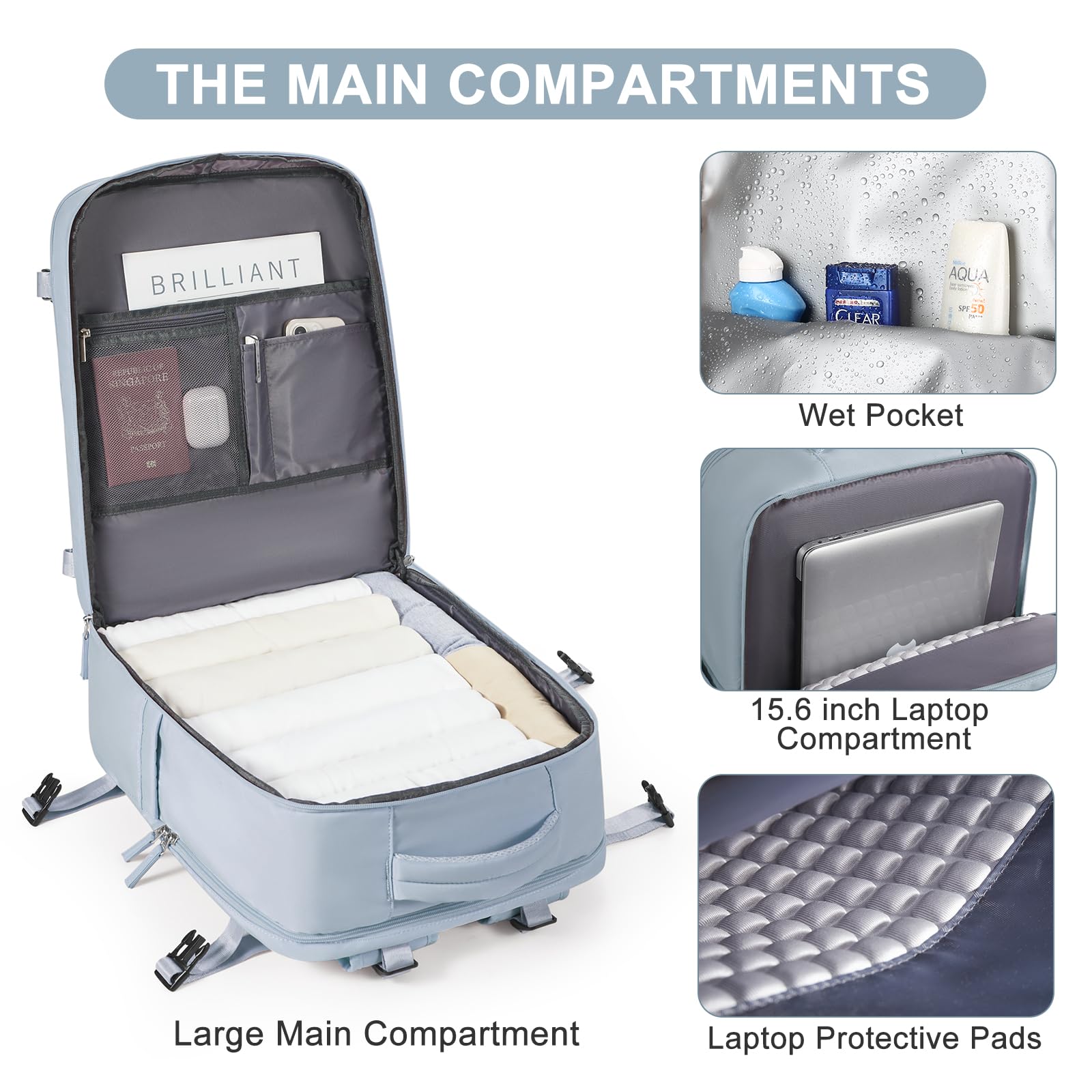 Large Travel Backpack Carry on Flight Approved Mochila De Viaje Carry on Backpack for Airplanes Spirit Airlines Personal Item Bag 18x14x8 Inches Travel Bag Traveling Backpack for Women Men Grey Blue