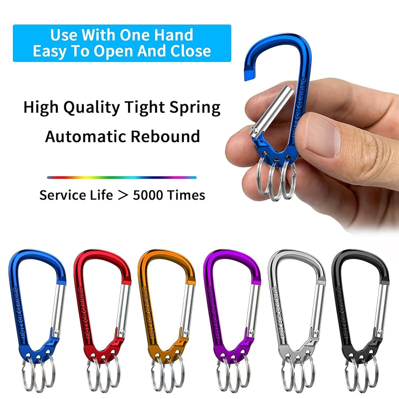 6 Pack Aluminum Carabiner Clips with 3 Key Rings – Lightweight, Durable Keychain Hooks
