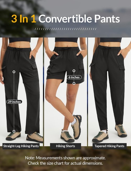 baleaf Women's Hiking Pants 29'' Convertible Zip-Off Pants with 6 Pockets Water Resistant Lightweight Quick Dry UPF 50+ Black M