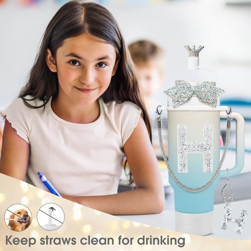 8Pcs Silvery Stanley Cup Accessories Set for Stanley Cup 30&40 Oz Tumbler - Silicone Straw Cover Cap and Boot, Handle Letter Charm, Bow Decoration Initial Sticker, Diamond Water Bottle Handle Strap(H)