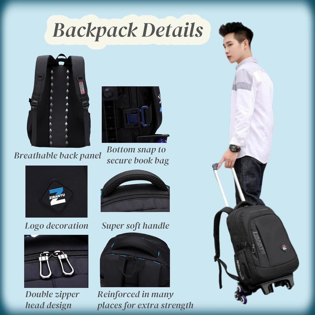 VIDOSCLA Rolling Backpack for Kids - Black Trolley Luggage with 6 Wheels for School & Travel