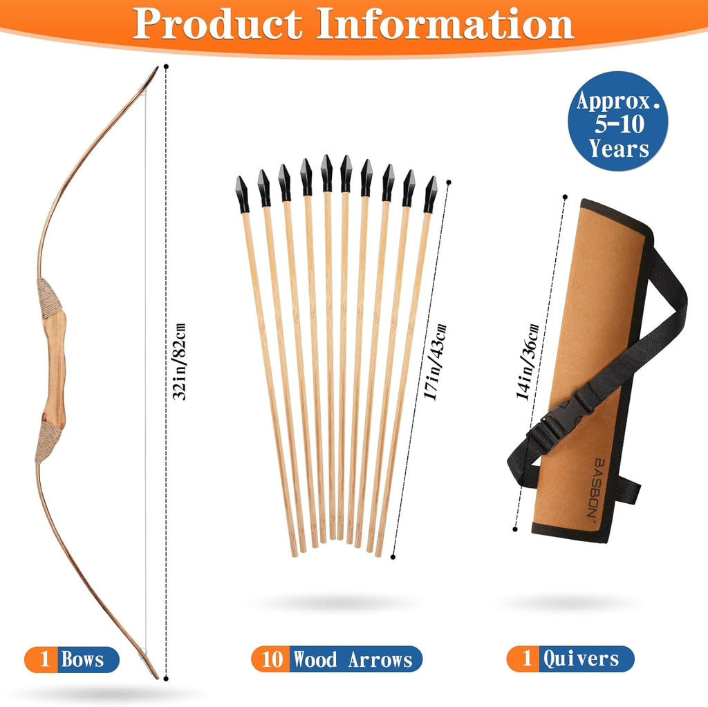 Skiennix Kids Bow and Arrow Set - 32-Inch Handmade Wooden Archery Toy for Ages 6-12 | Includes 10 Arrows, Quiver & Targets
