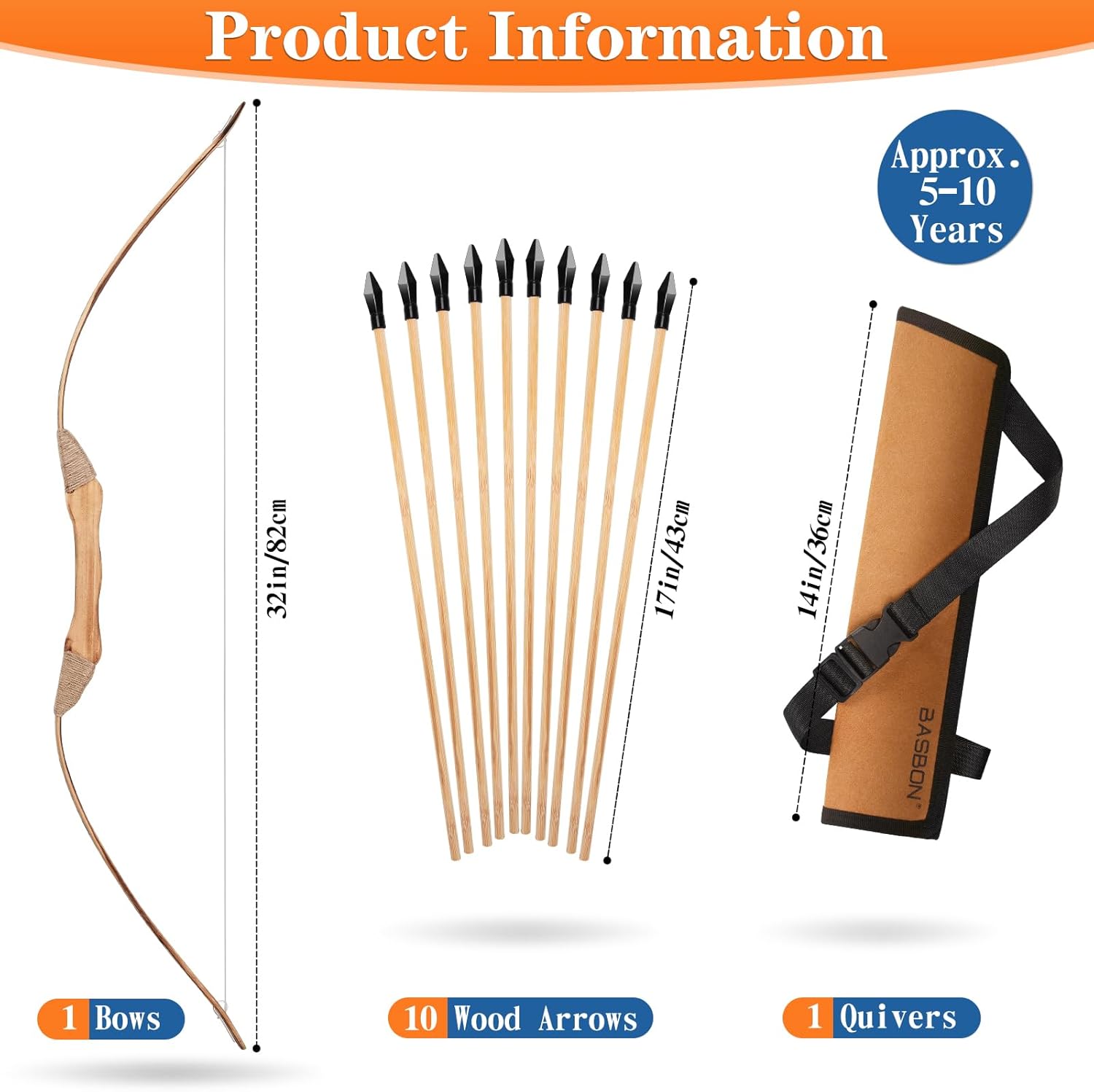 Skiennix Kids Bow and Arrow Set - 32-Inch Handmade Wooden Archery Toy for Ages 6-12 | Includes 10 Arrows, Quiver & Targets