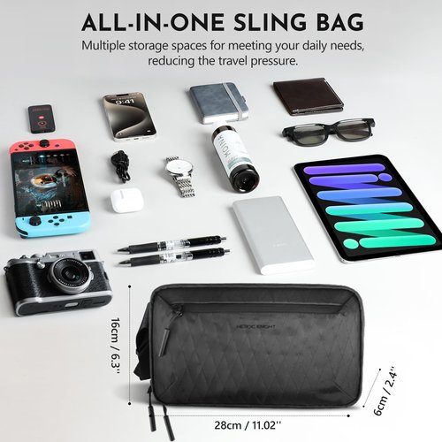 HEROIC KNIGHT Sling Bag for Men, 2.5L Crossbody Bag Small Chest Shoulder Pack with Removable Strap, Waterproof Lightweight Casual Fanny Pack Backpack for Travel/Daily Use/Hiking/Cycling,Black