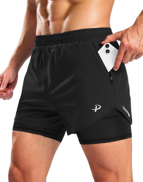 Pudolla Men's 2 in 1 Workout Running Shorts 5" with Zipper Phone Pockets Quick Dry Gym Athletic Shorts with Compression Liner(Black,M)