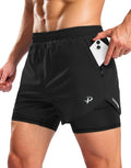 Pudolla Men's 2 in 1 Workout Running Shorts 5" with Zipper Phone Pockets Quick Dry Gym Athletic Shorts with Compression Liner(Black,M)
