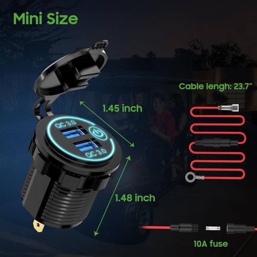 10L0L Golf Cart Quick Charge 3.0 Outlet Dual USB Charger Socket for Yamaha EZGO Club Car, 12V Input Double USB Ports Waterproof