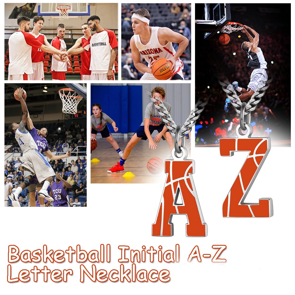 AIAINAGI Basketball Initial A-Z Letter Necklace for Men Basketball Charm Pendant Stainless Steel Silver Chain 22 inch Personalized Gift for Men(J)
