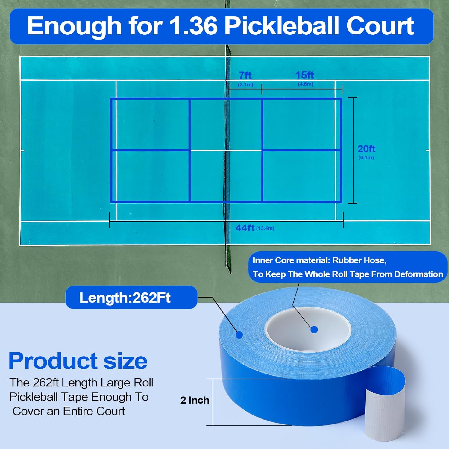 Pickleball Court Tape - 2in x 262FT Temporary Marking Kit for Indoor/Outdoor Courts | Non-Reflective