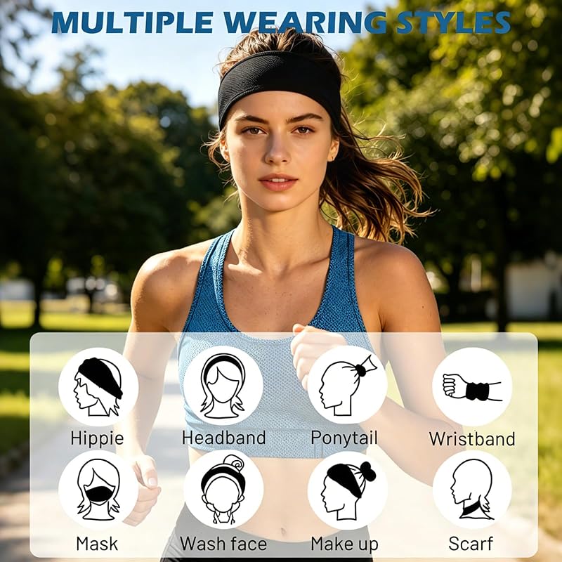 Cooling Headbands for Women 4 Pack - Non-Slip Sweat-Wicking Running & Workout Bands, Black Variation