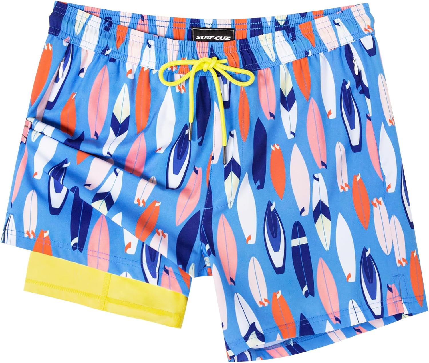 Surf Cuz Men's Swim Trunks - Quick Dry 5-Inch Bathing Suit with Compression Liner & Zipper Pockets