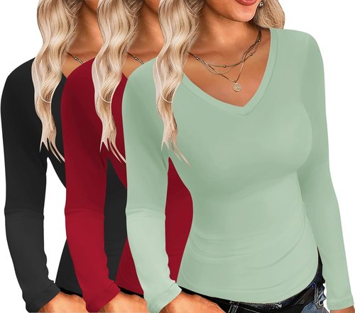 Ekouaer Women's Long Sleeve V-Neck Shirts - Slim Fit Lightweight Thermal Tops | 3-Pack for Fall 2024